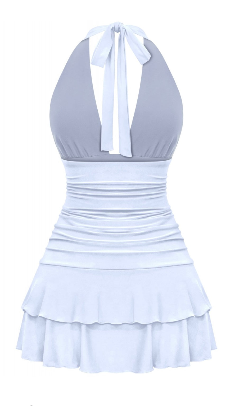 blue halter ruffle mini dress