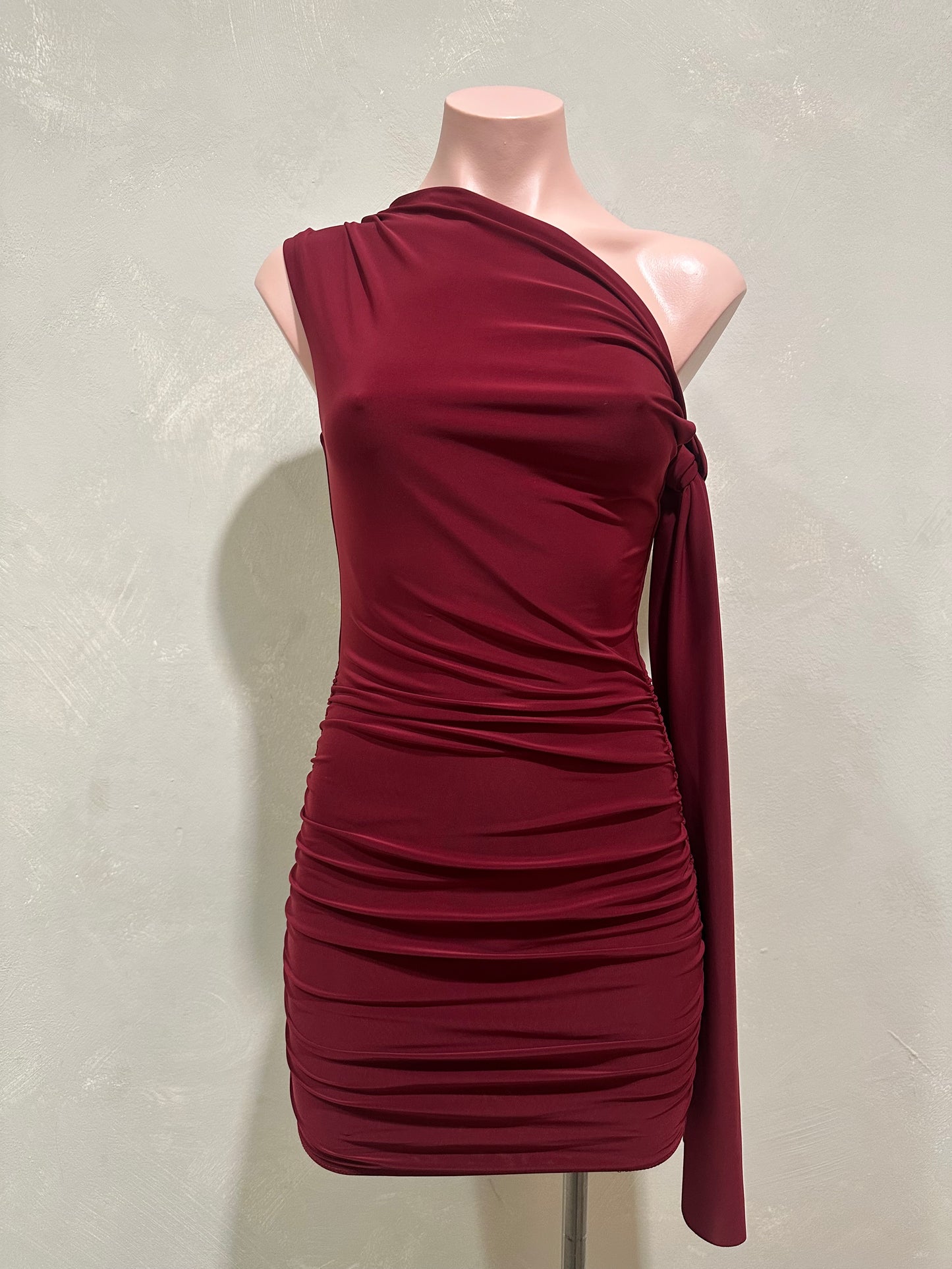 burgundy off shoulder side tie mini dress