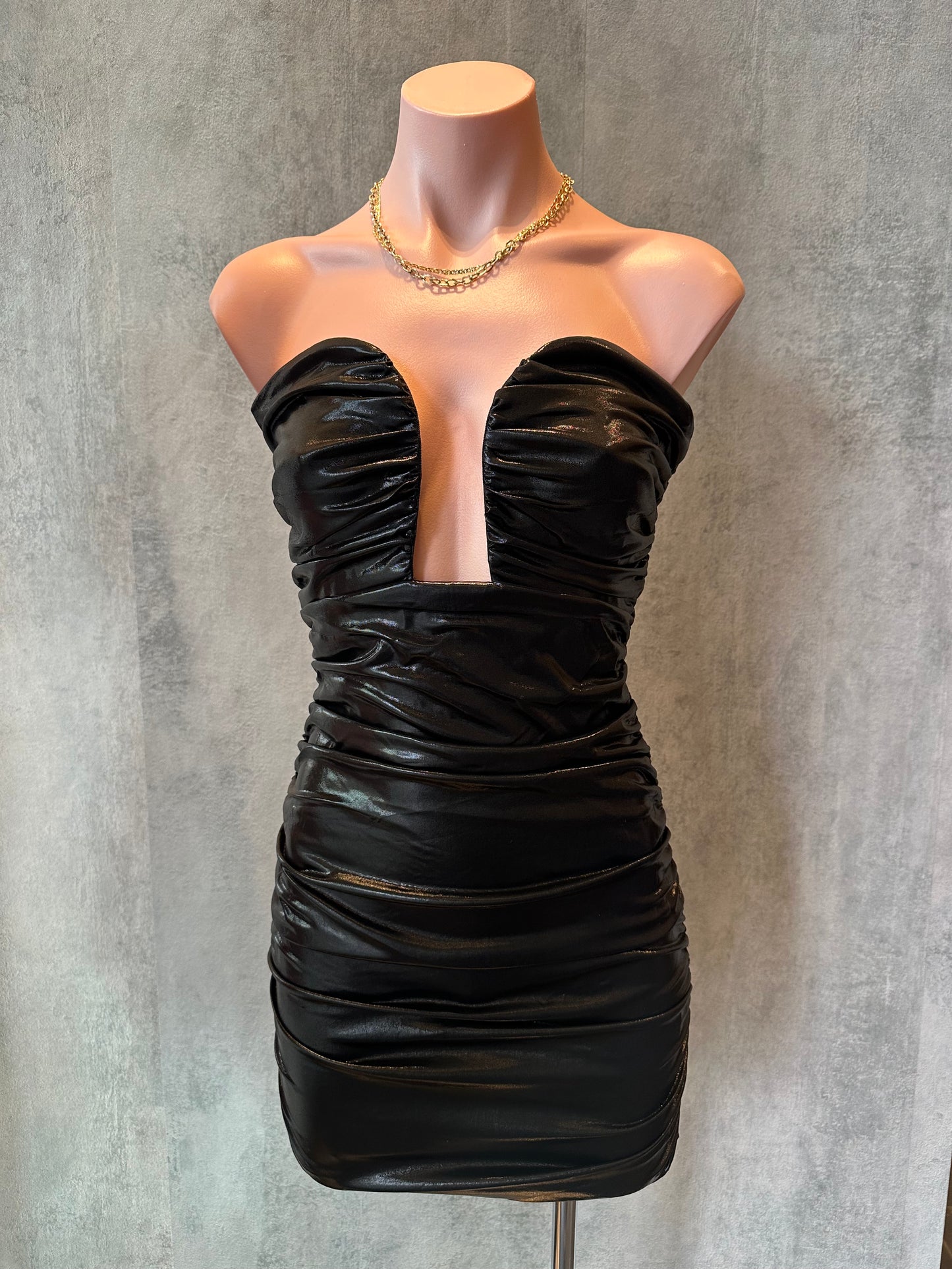 metallic black sleeveless mini dress