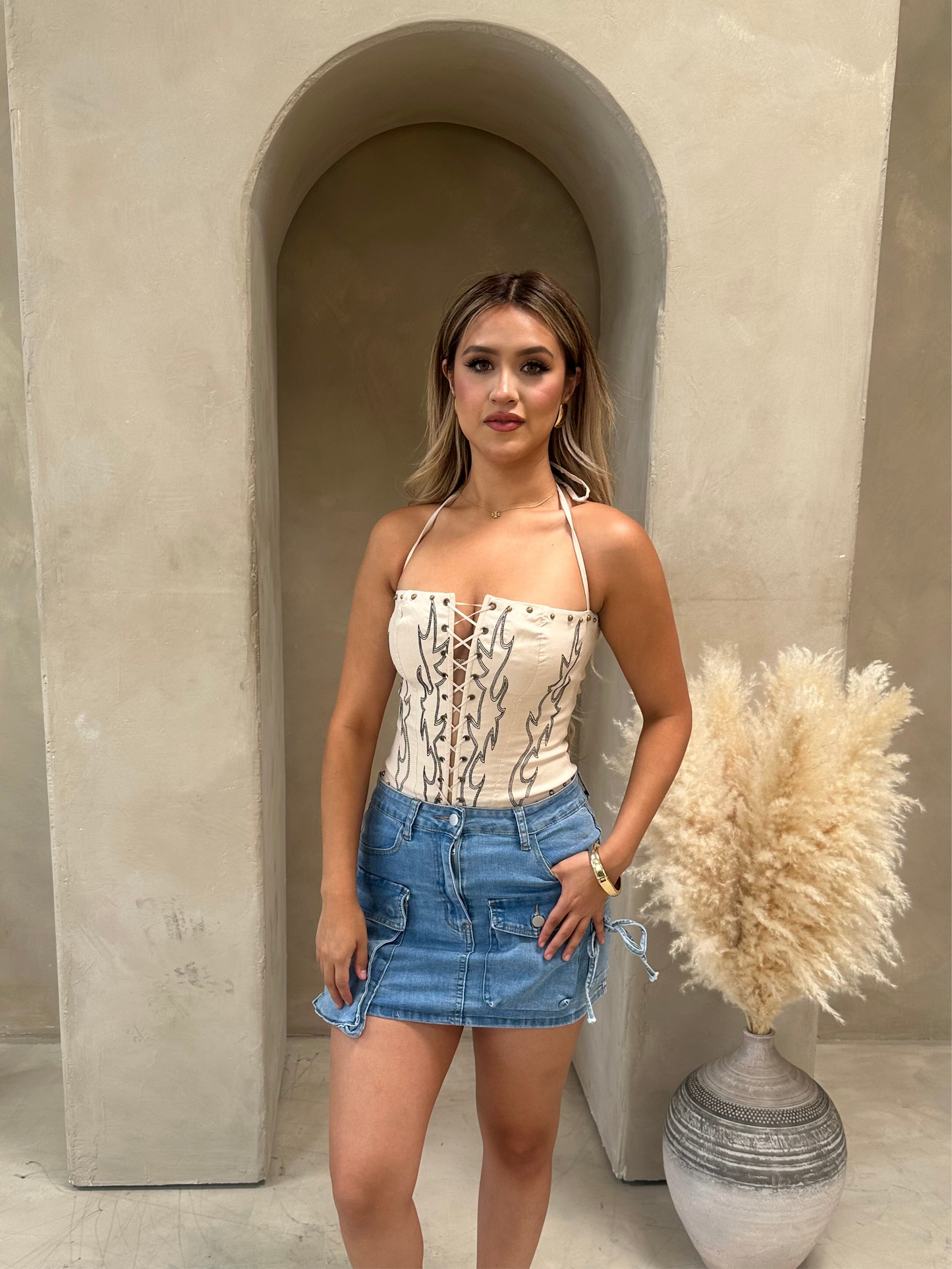 cream embroidered western corset top