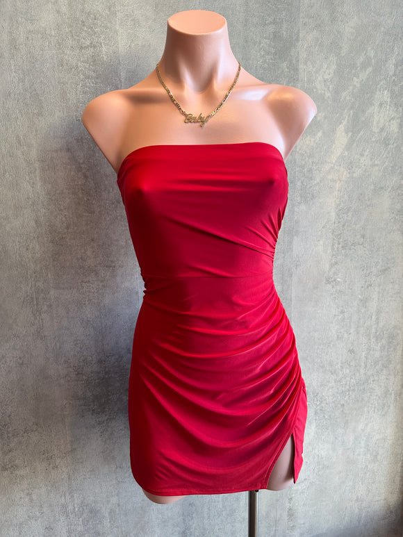 red strapless mini dress w side slit
