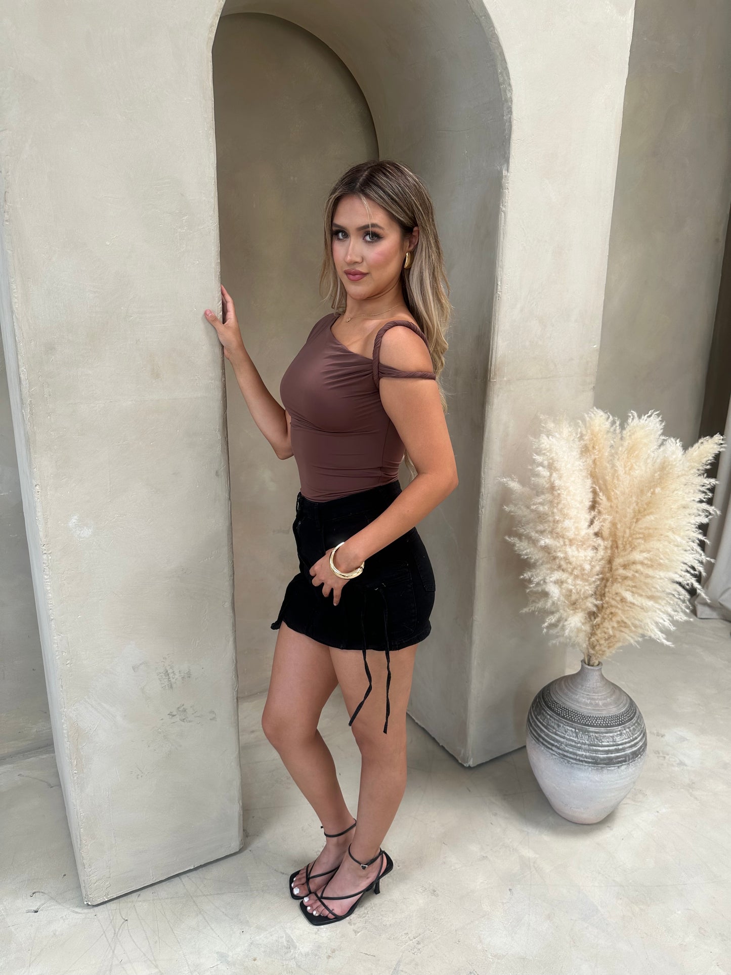brown asymmetrical shoulder top