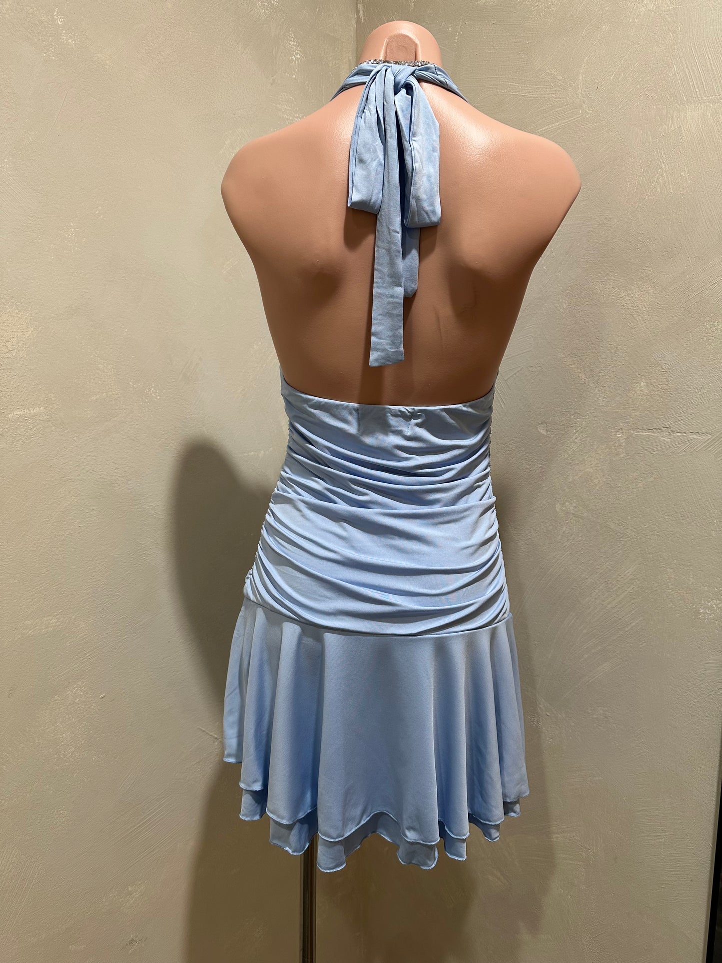 light blue ruffle halter mini dress