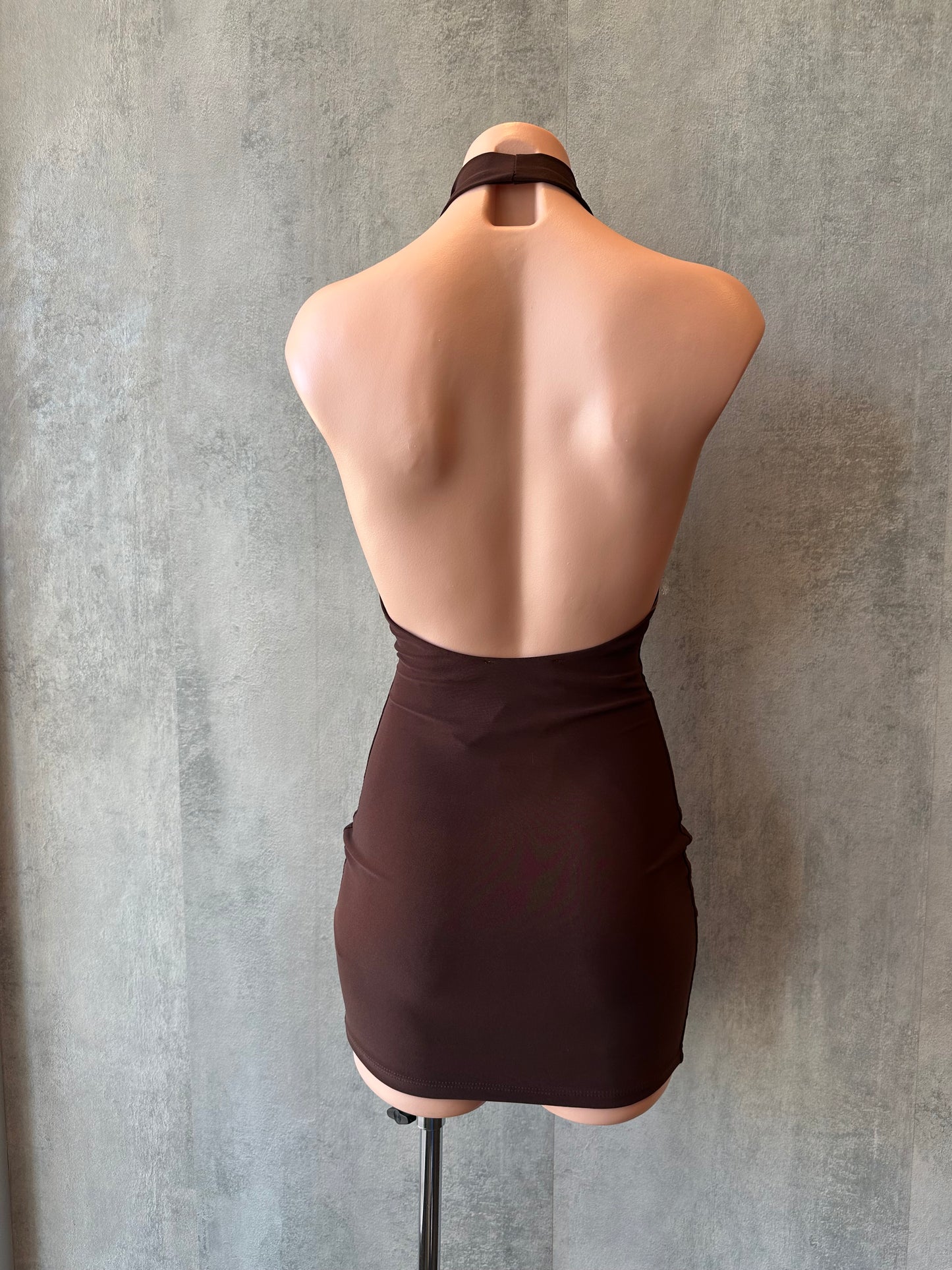 brown high halter mini dress