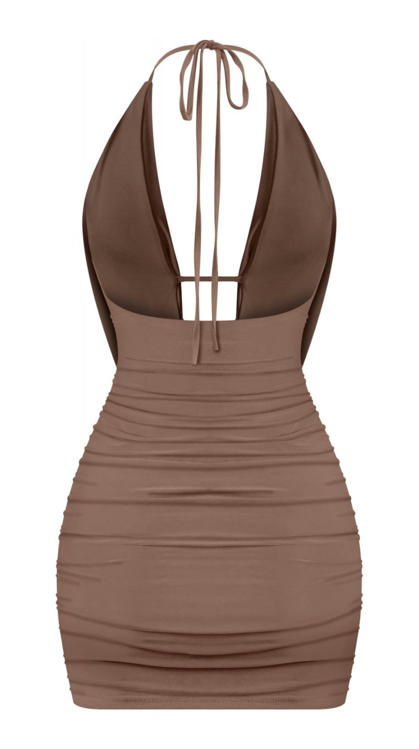 mocha cowl neck mini dress