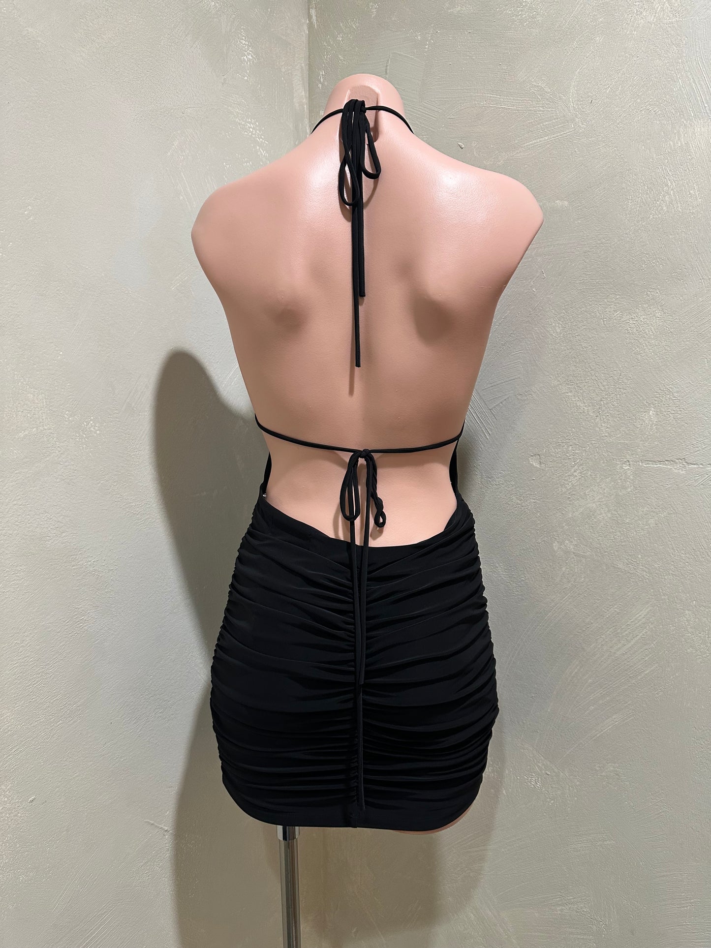black deep plunge backless halter mini dress