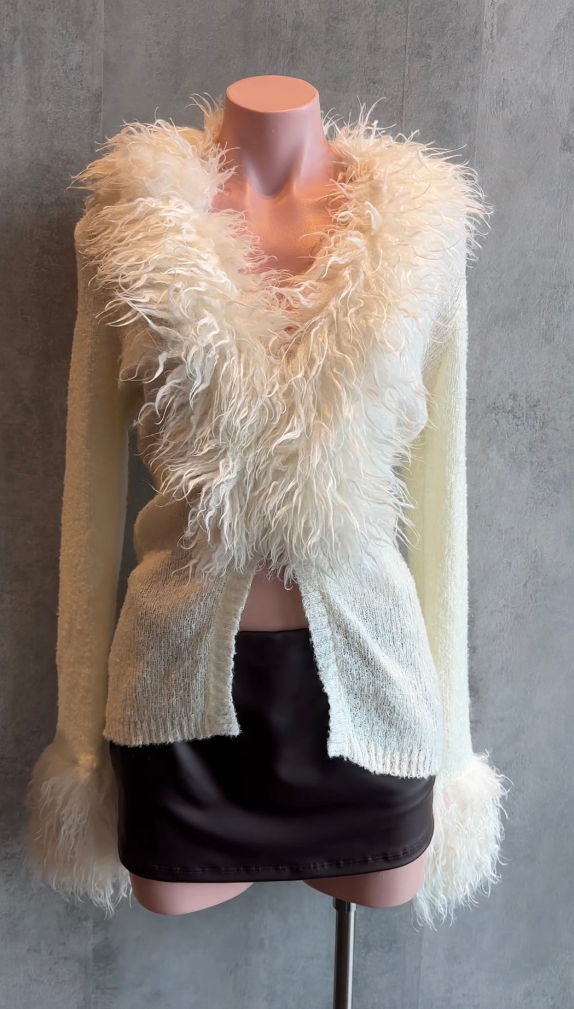 cream long sleeve faux fur cardigan