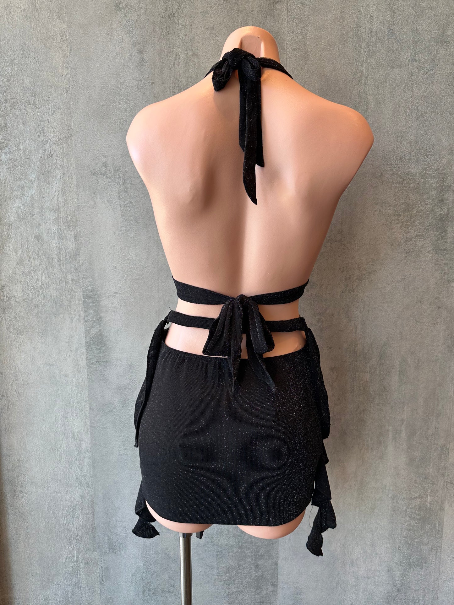 black sleeveless halter metallic mini dress