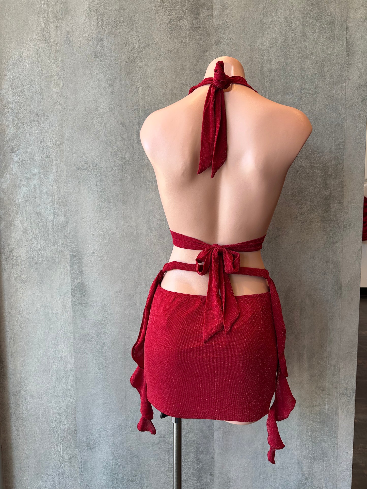 red sleeveless halter metallic mini dress