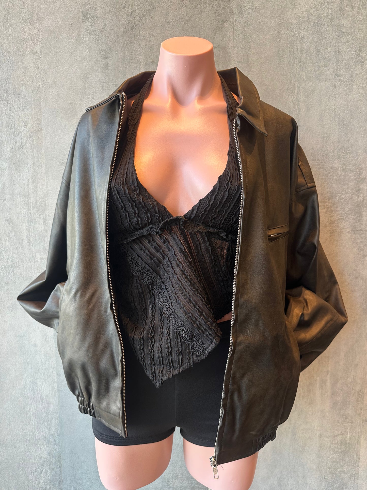 dark brown oversized faux leather jacket