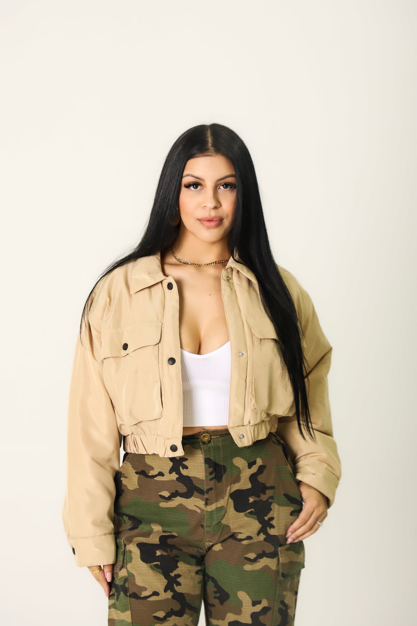 Tan Cropped Windbreaker Jacket