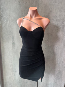black rhinestone shoulder mini dress