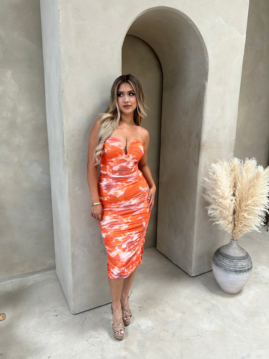 orange print mesh midi sleeveless dress