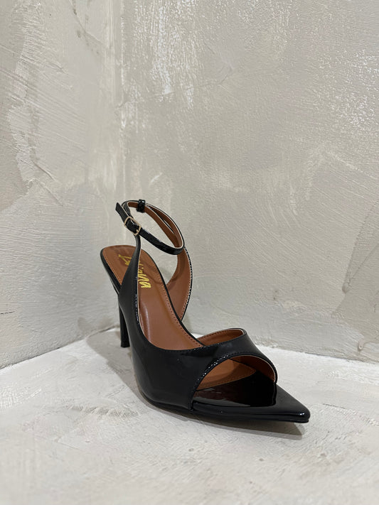 black patent open toe heel