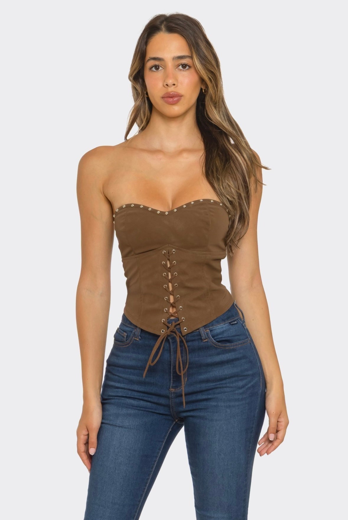 brown faux leather studded sleeveless top