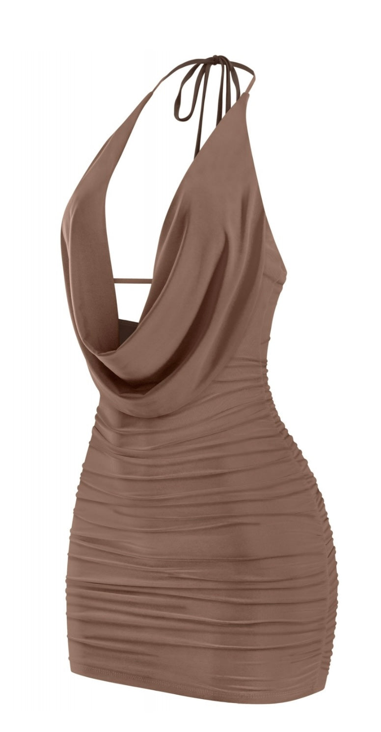 mocha cowl neck mini dress