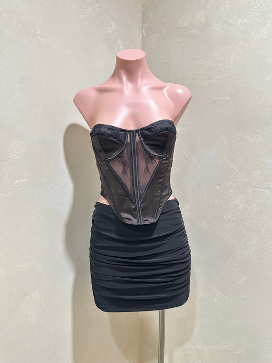 black satin/ lace strapless corset