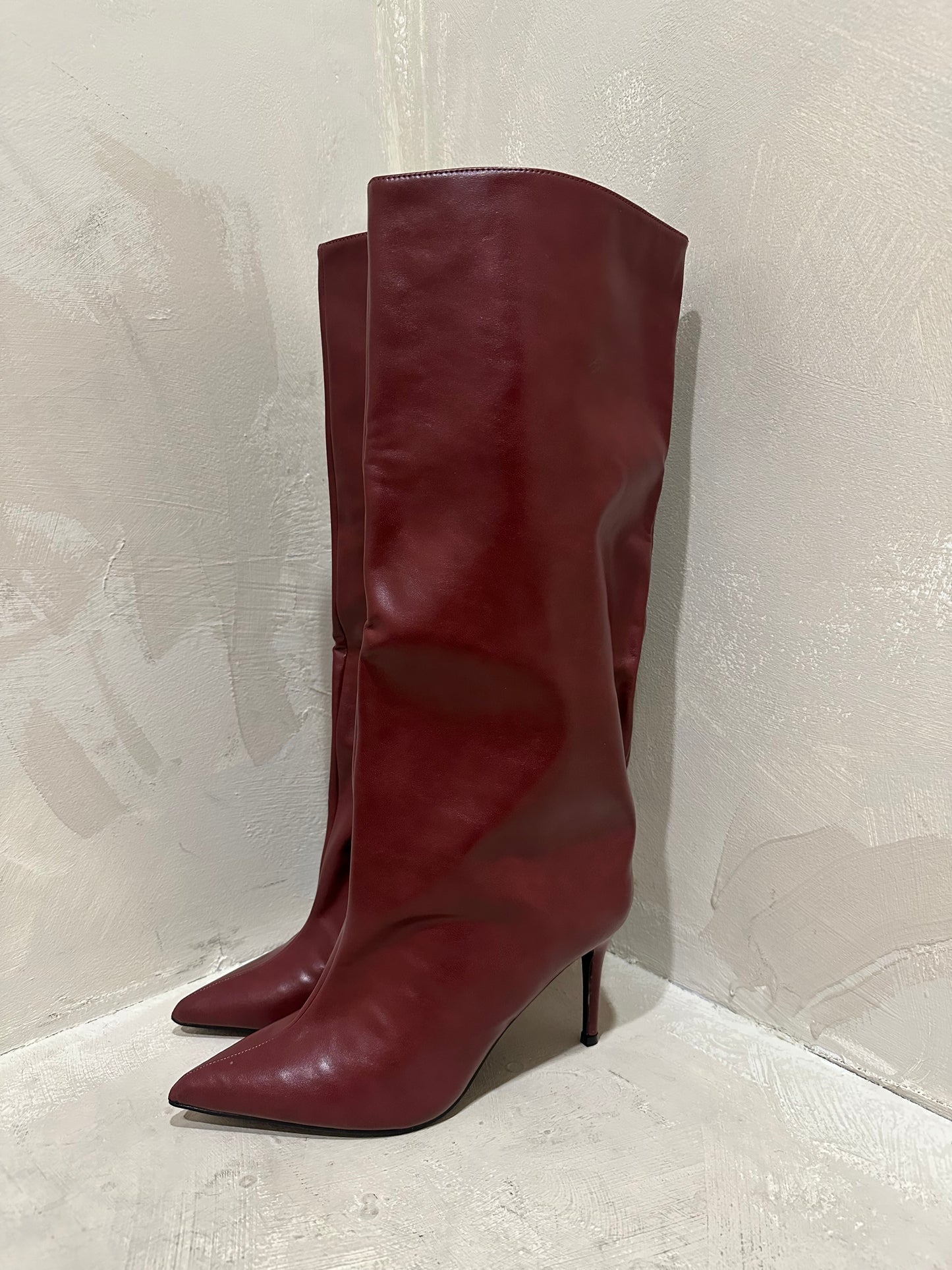 burgundy faux leather point toe boot