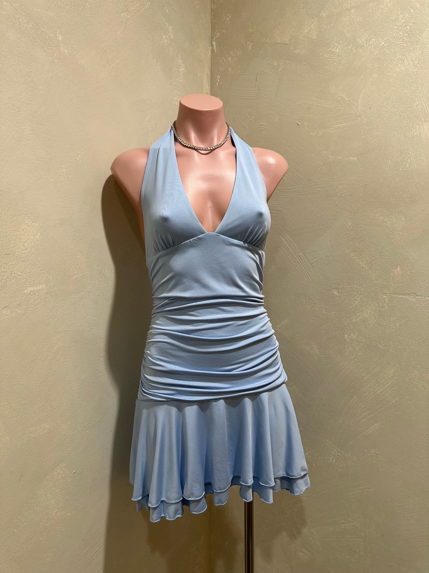 light blue ruffle halter mini dress