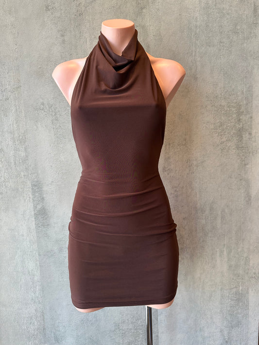 brown high halter mini dress