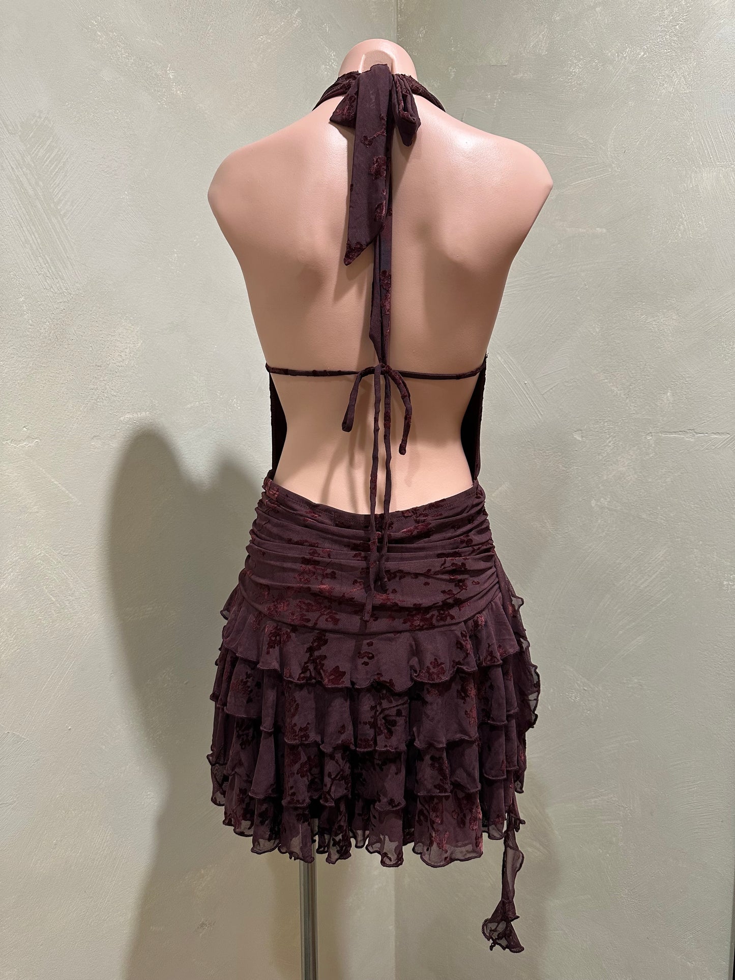 burgundy floral velvet halter mini dress
