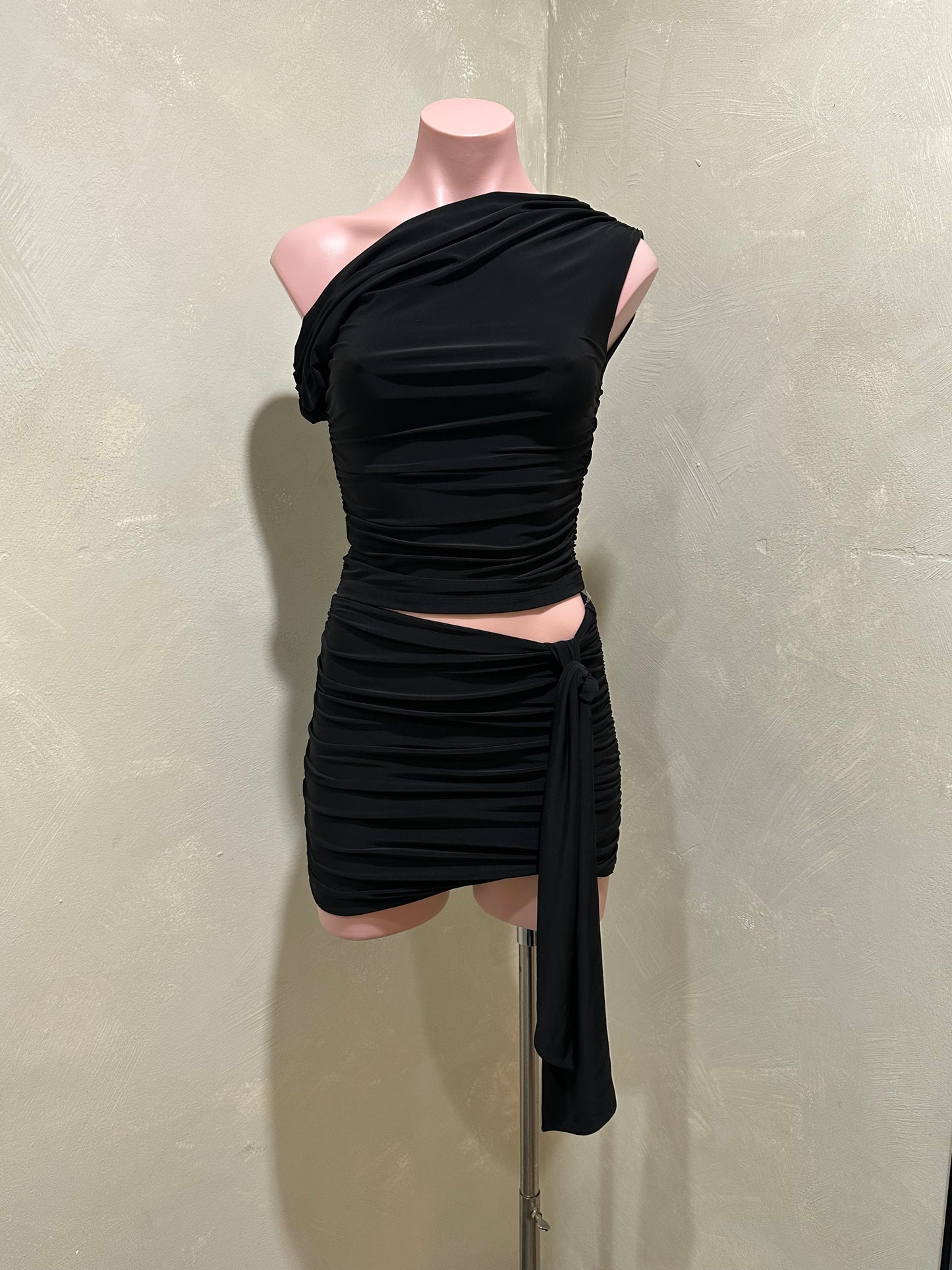 black drape tie mini skirt