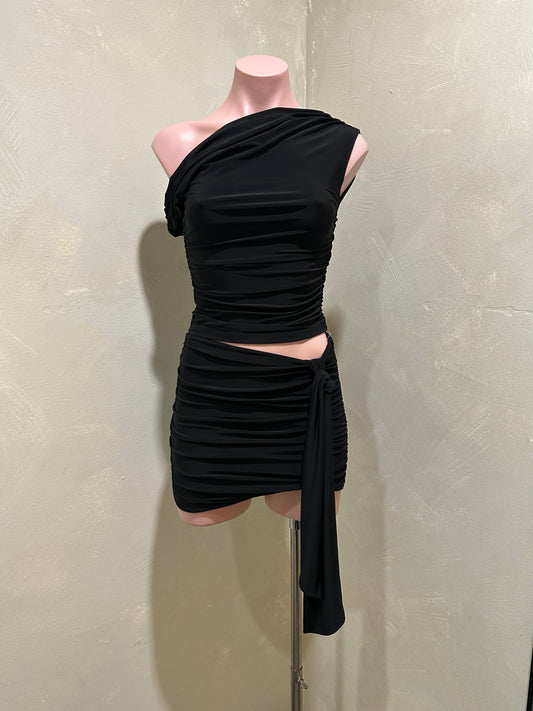 black drape tie mini skirt