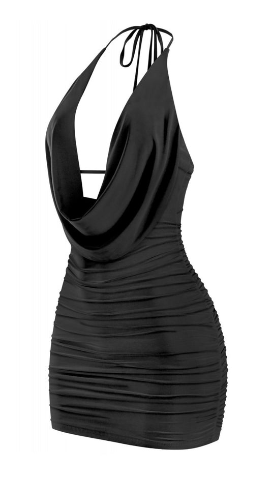 black halter cowl neck mini dress