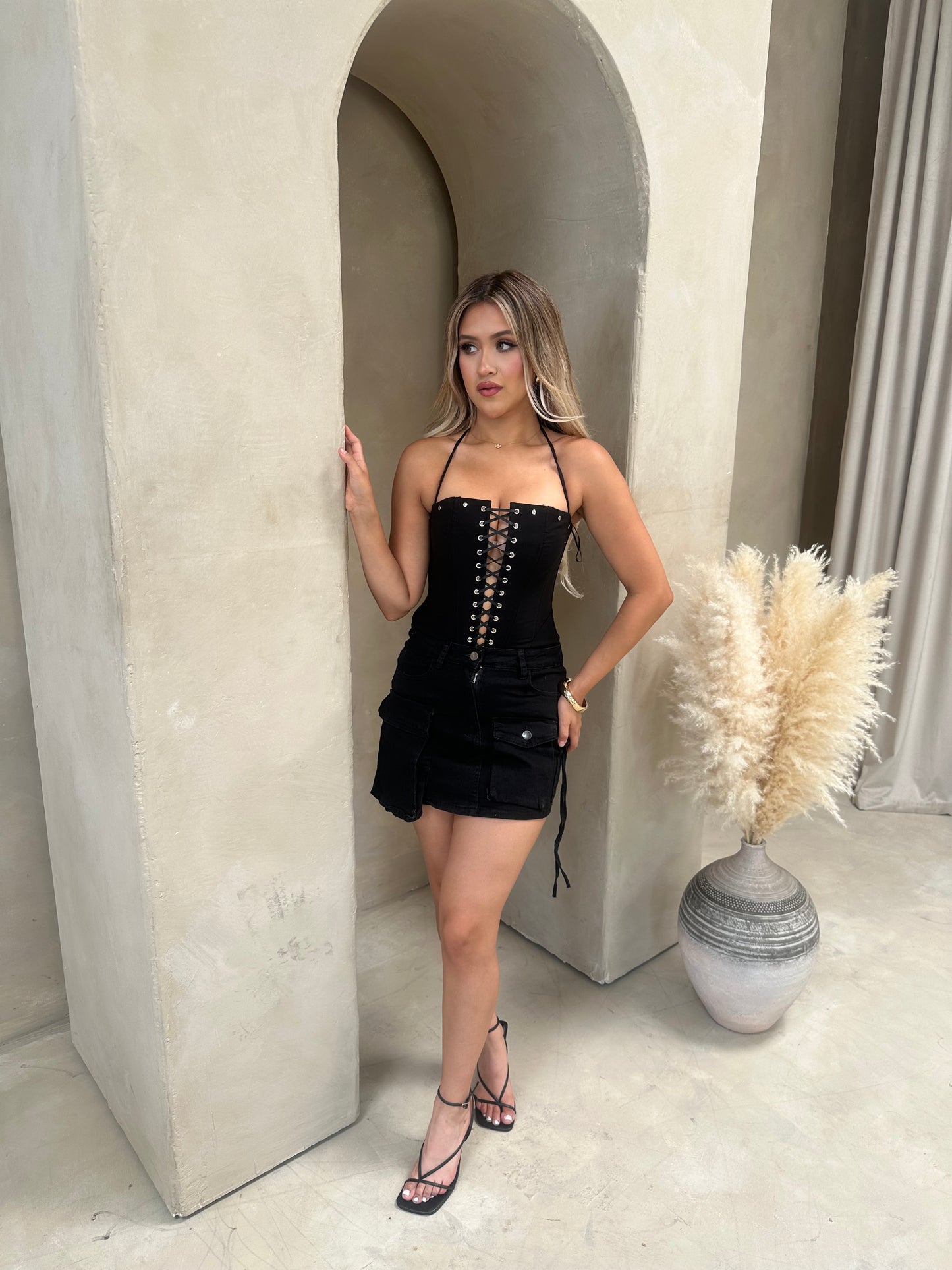 black stretch bustier top