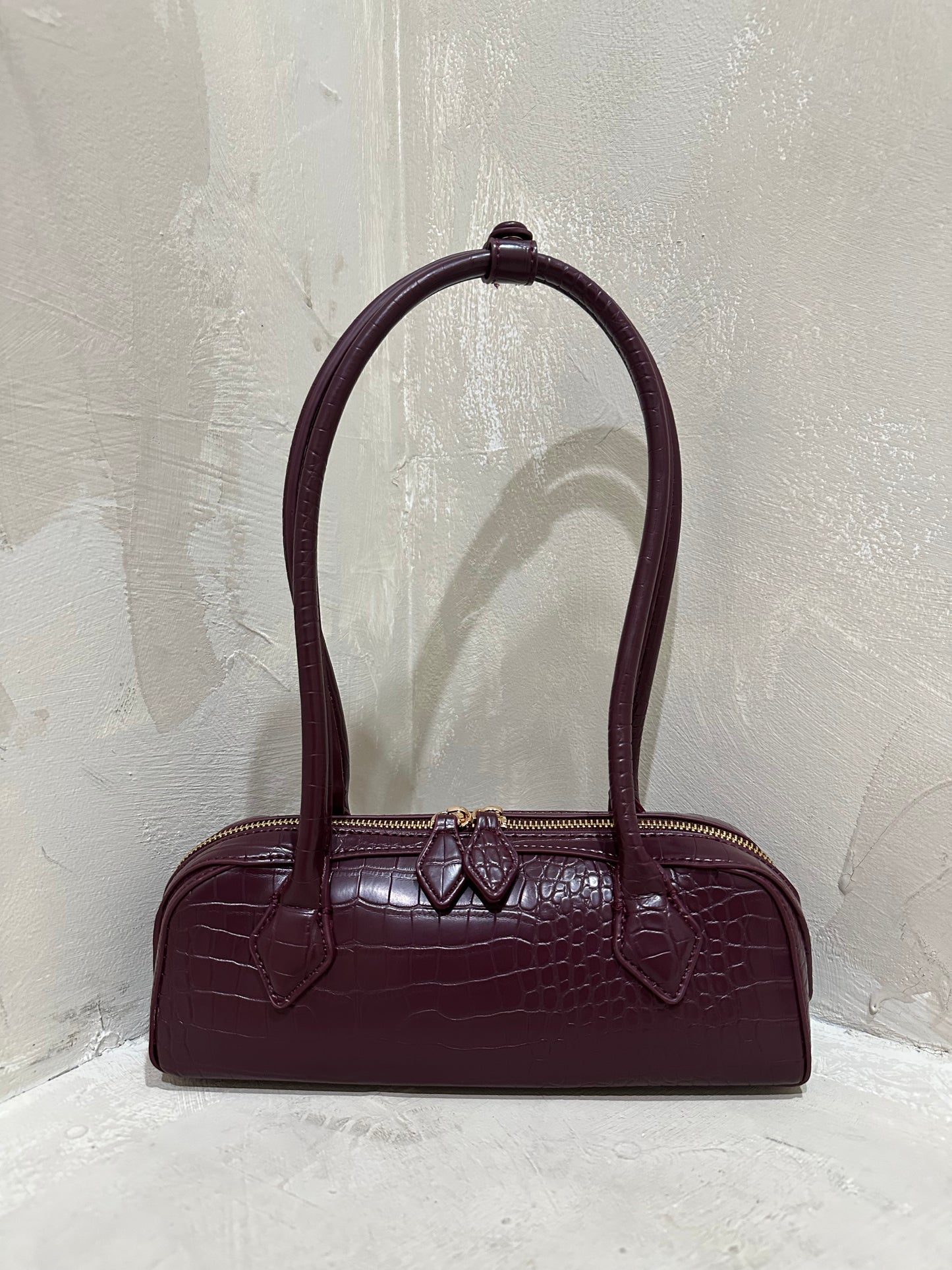 burgundy croc textured shoulder bag