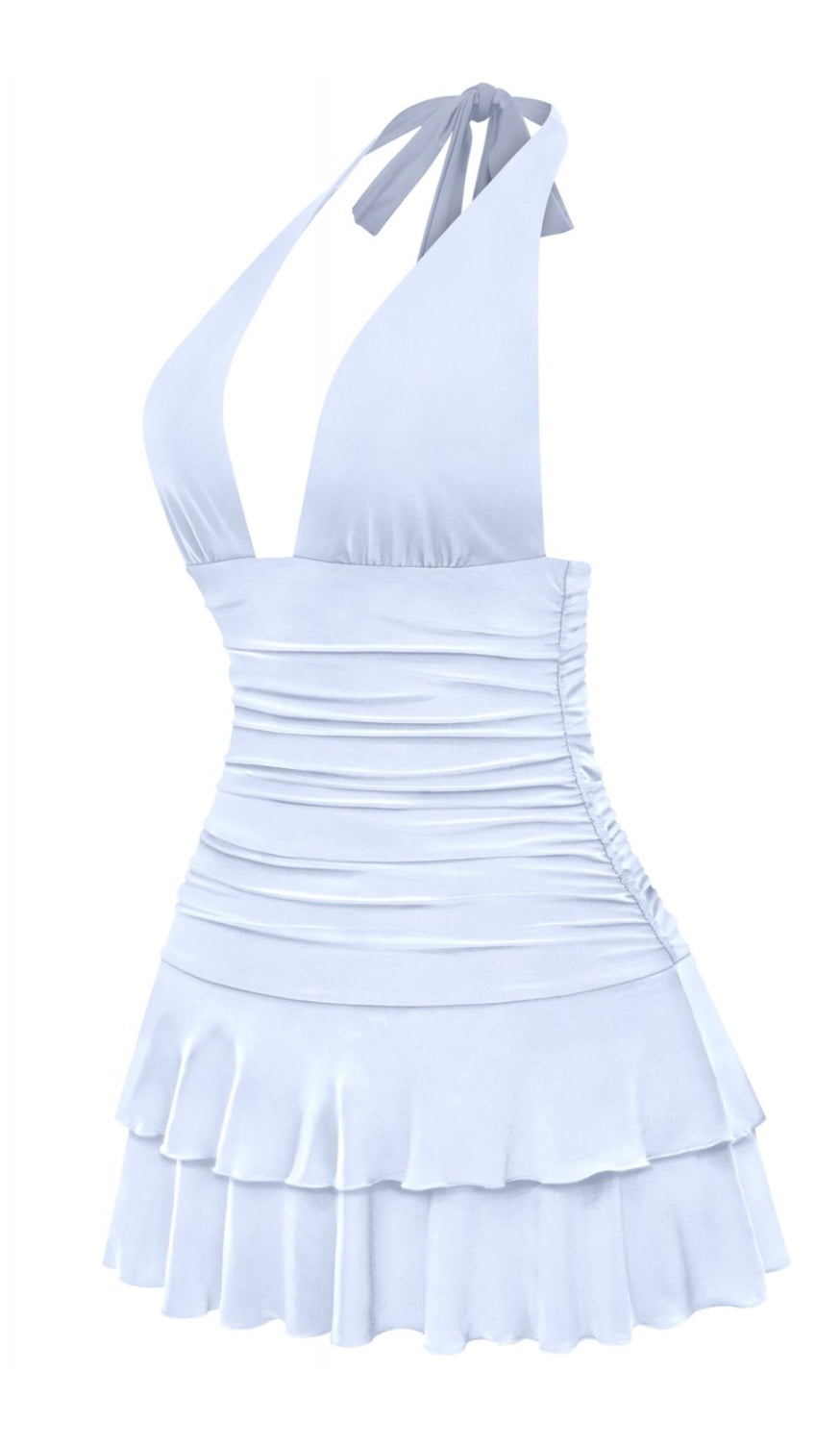 blue halter ruffle mini dress