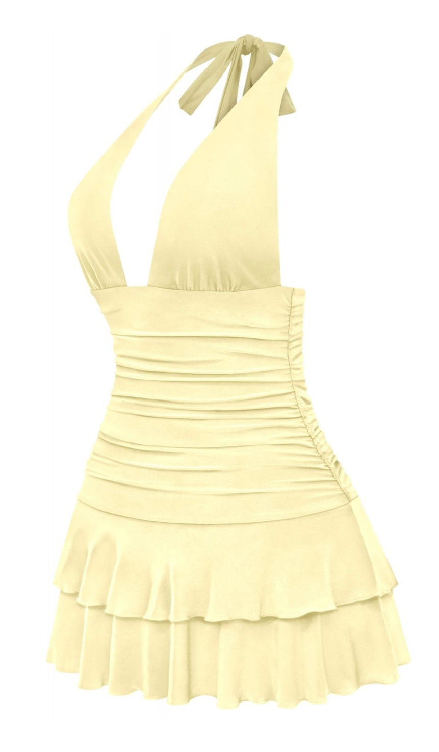 yellow halter ruffle mini dress