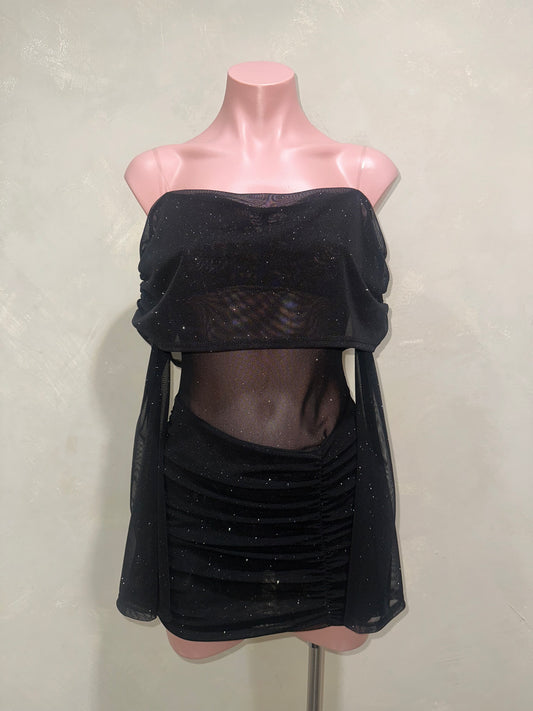 black shimmer strapless mini dress