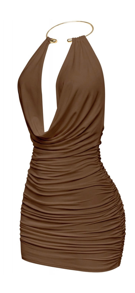 mocha/gold neckline cowl neck mini dress