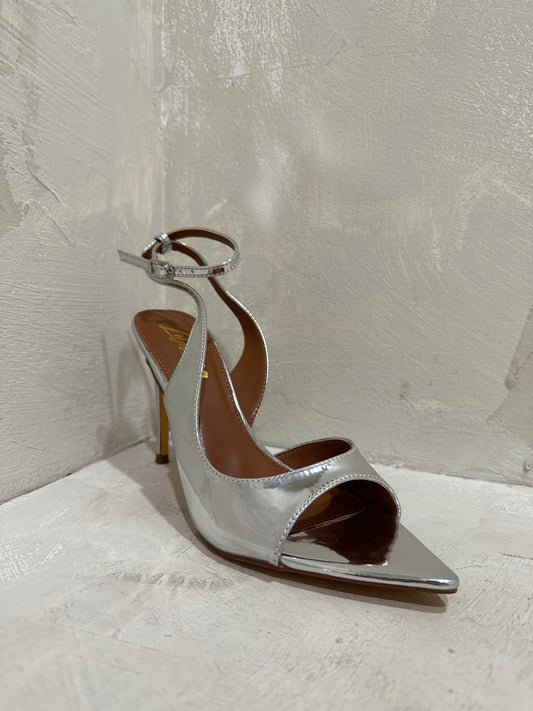 silver patent open toe heel