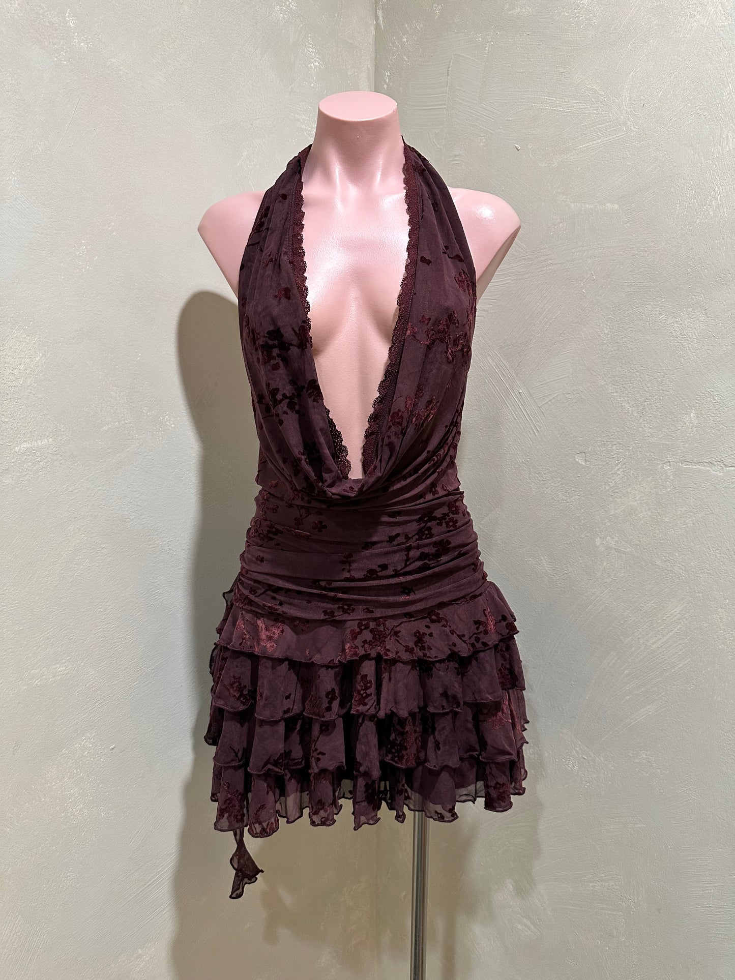 burgundy floral velvet halter mini dress