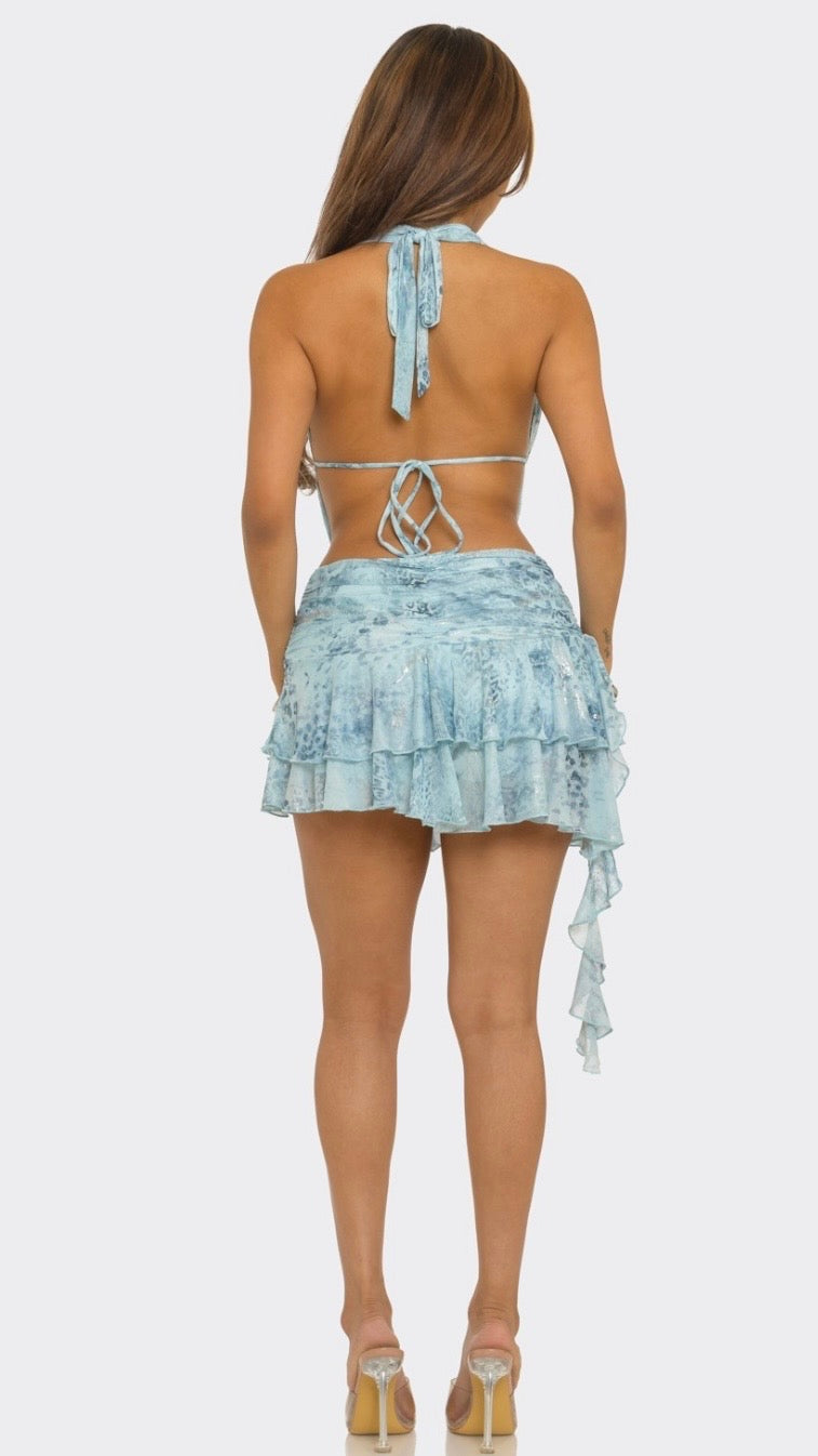 blue leopard halter ruffle mini dress
