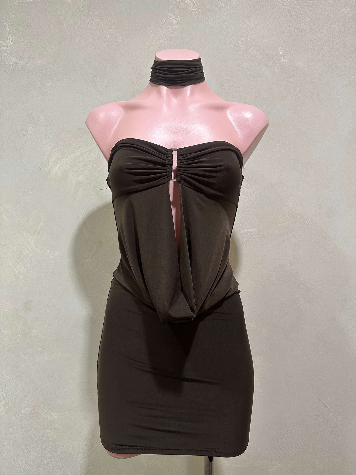 espresso sleeveless cowl mini dress