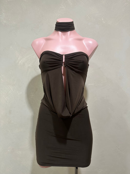 espresso sleeveless cowl mini dress