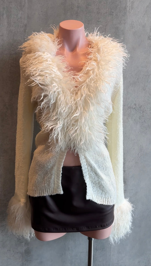 cream long sleeve faux fur cardigan