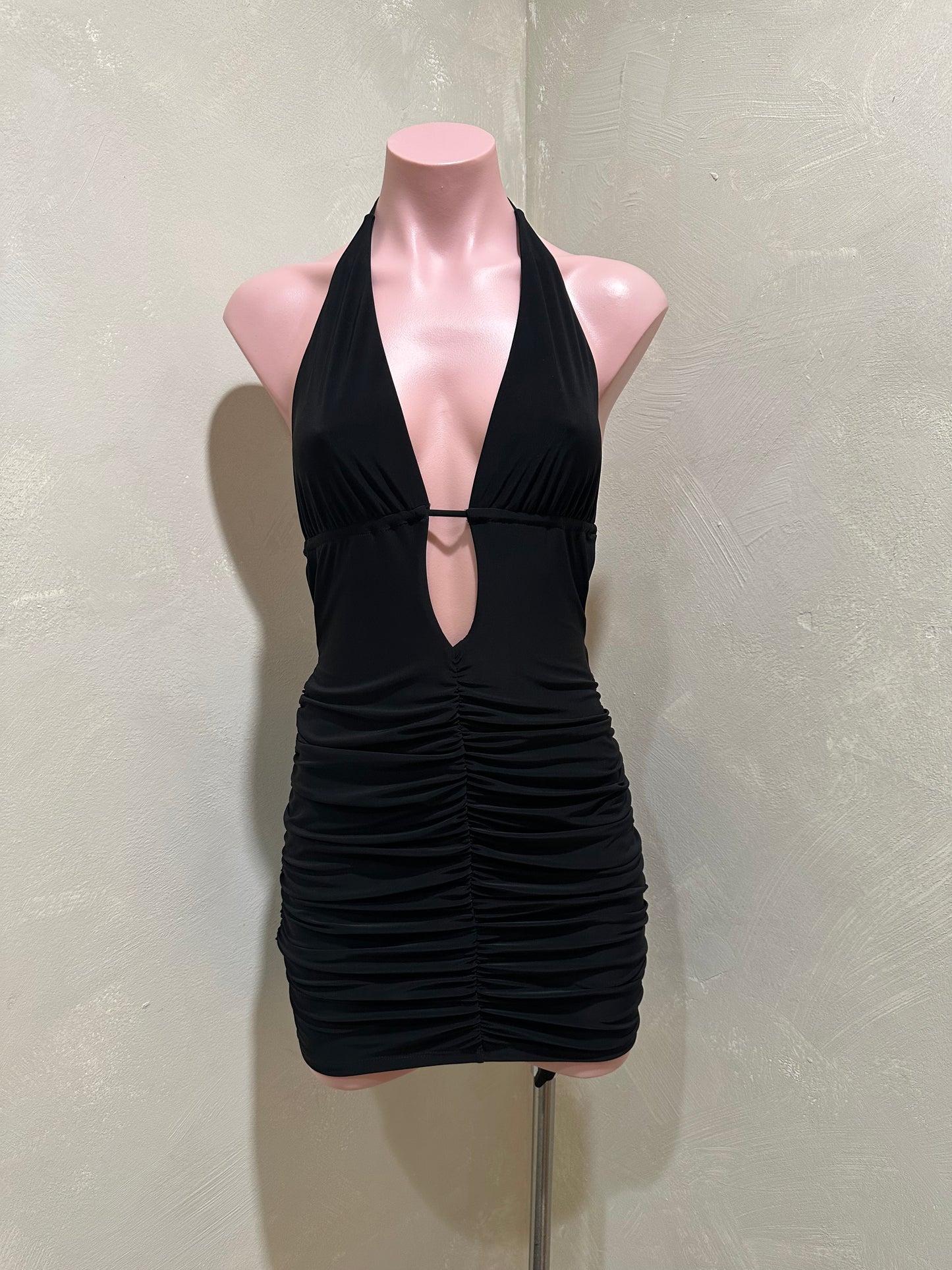black deep plunge backless halter mini dress