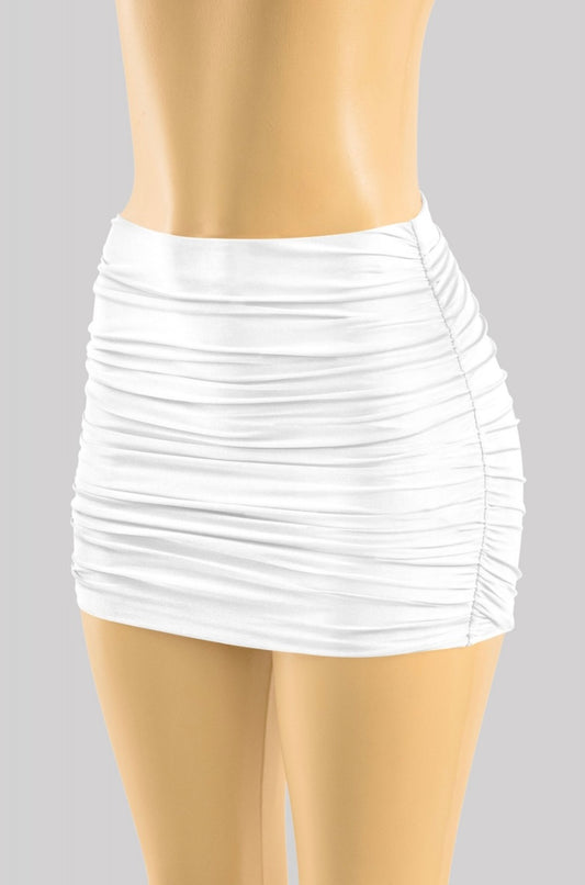 white high waisted ruched mini skirt