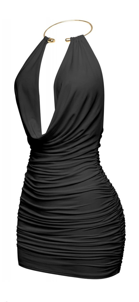 black/gold neckline cowl mini dress