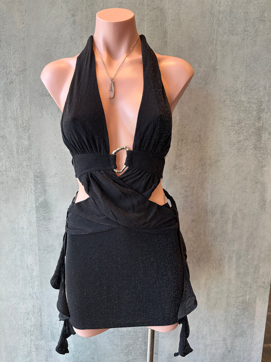 black sleeveless halter metallic mini dress