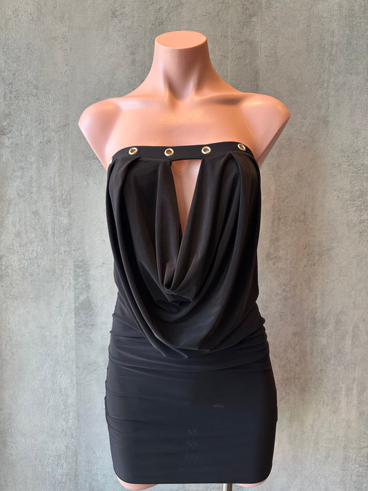 black cowl neck grommet mini dress