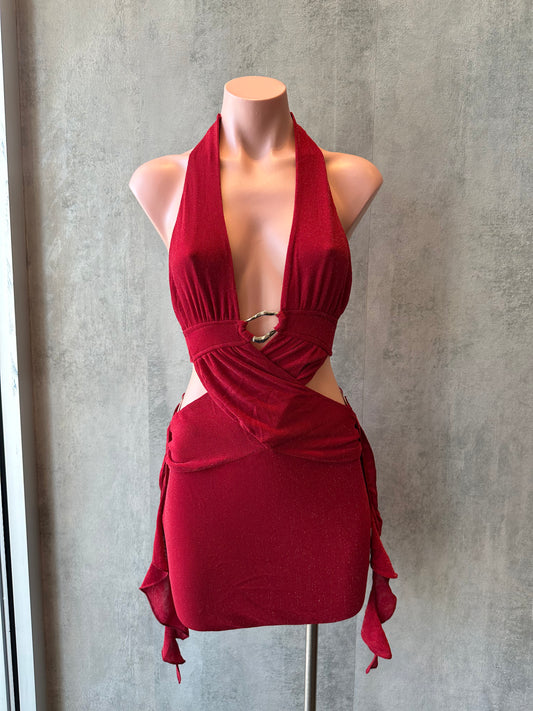 red sleeveless halter metallic mini dress
