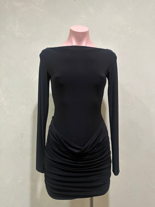 black boat neck ruched mini dress