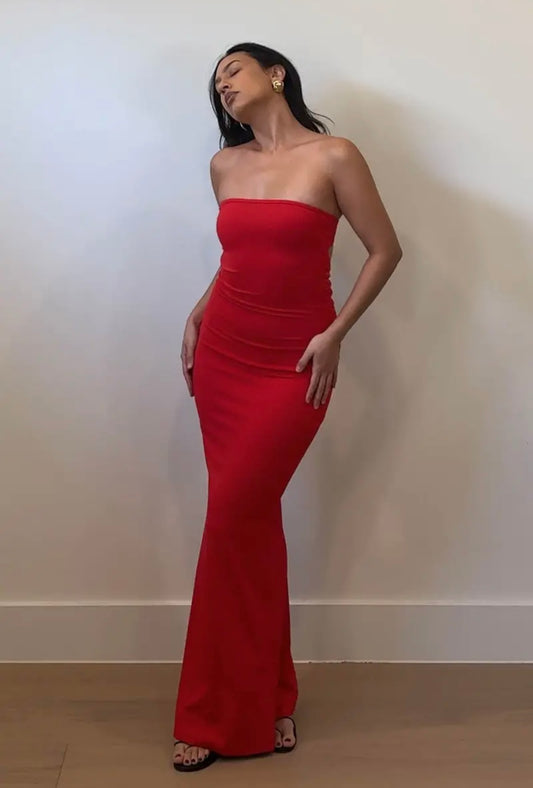 red strapless body-skimming maxi dress