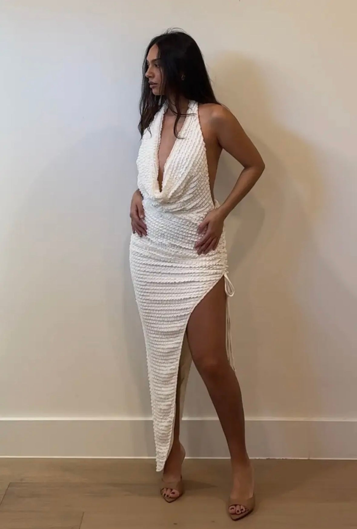 white cowl neck textured maxi dress