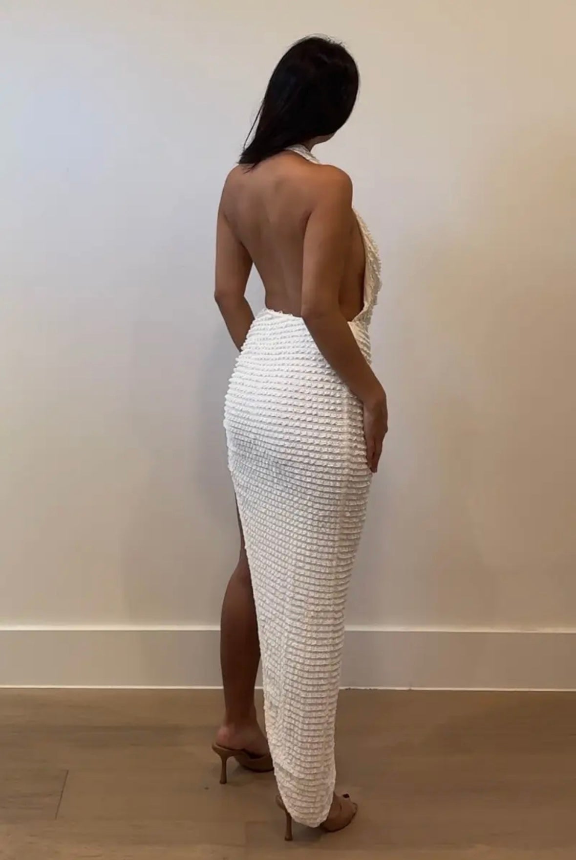 white cowl neck textured maxi dress